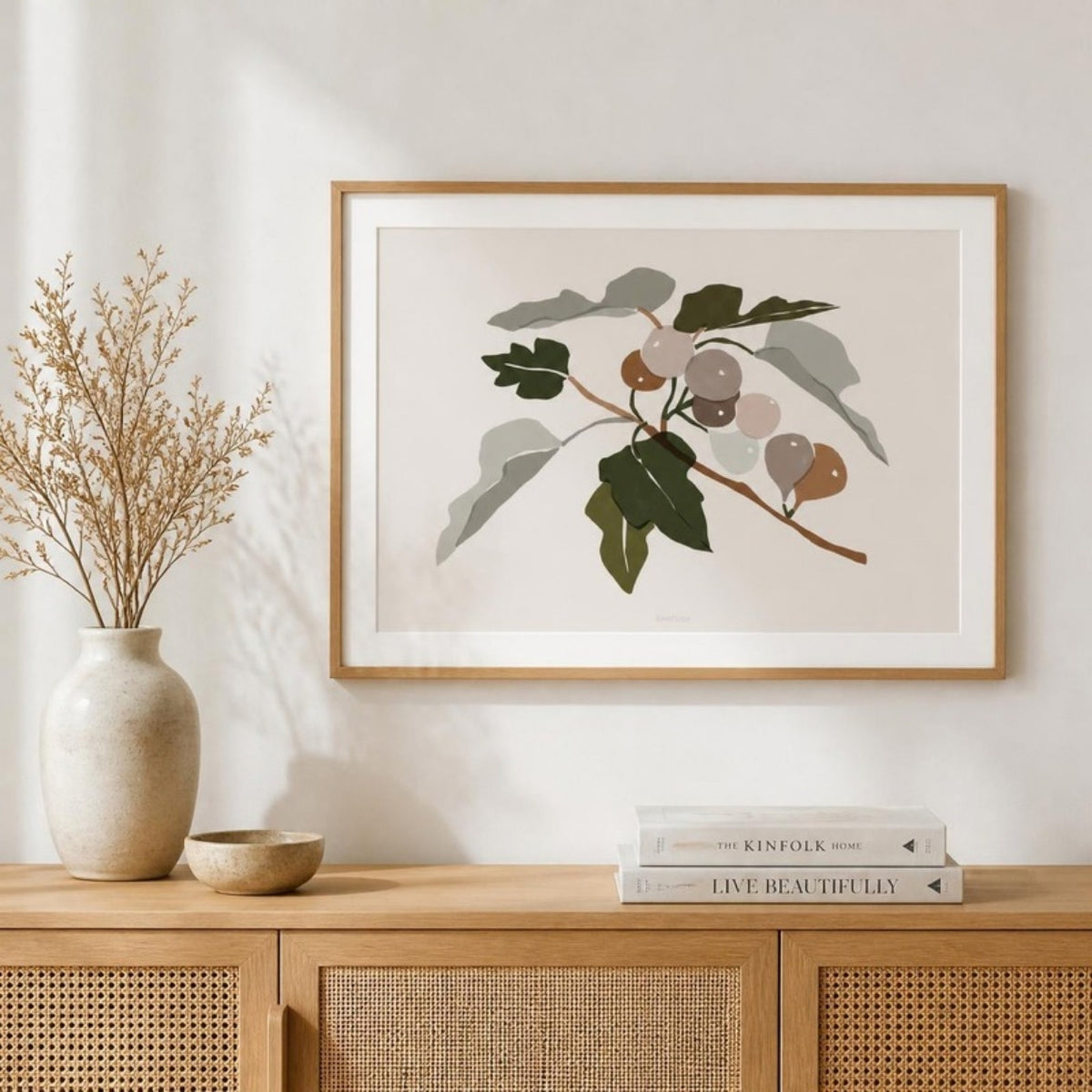 Harvest Fig art print in an oak frame on a living room wall