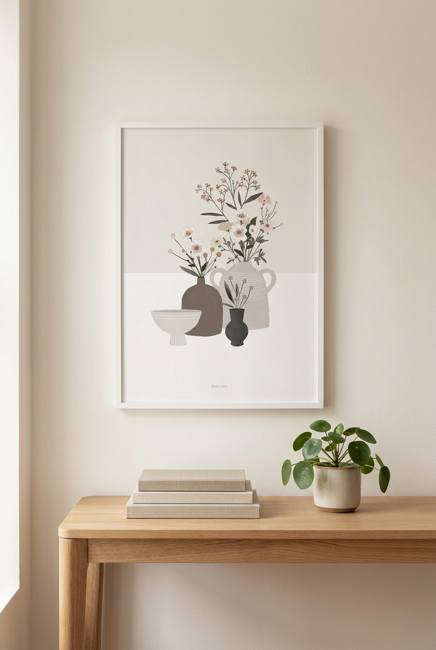 הדפס - Pottery and Flowers - Light Grey Background