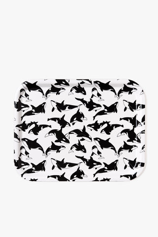 מגש עץ - Black and White Orcas Pattern