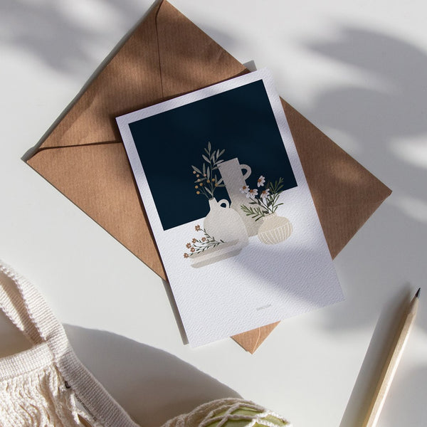 גלויה - Pottery and Flowers - Dark Blue