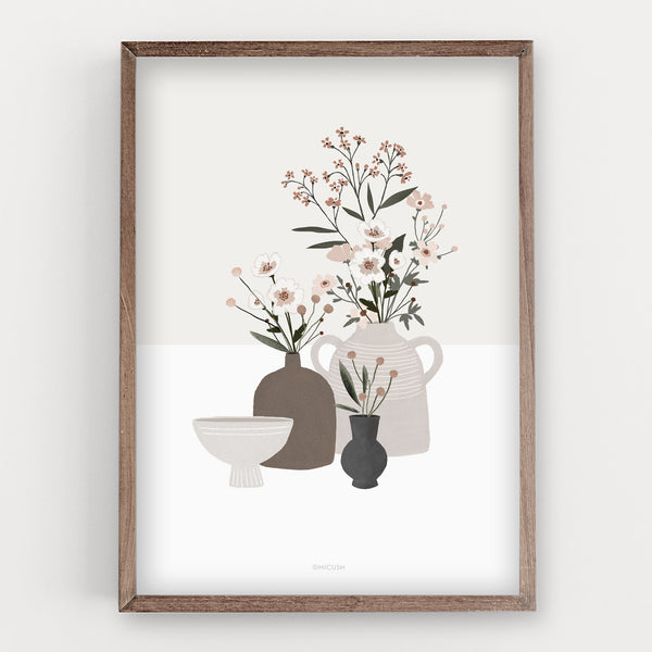 הדפס - Pottery and Flowers - Light Grey Background