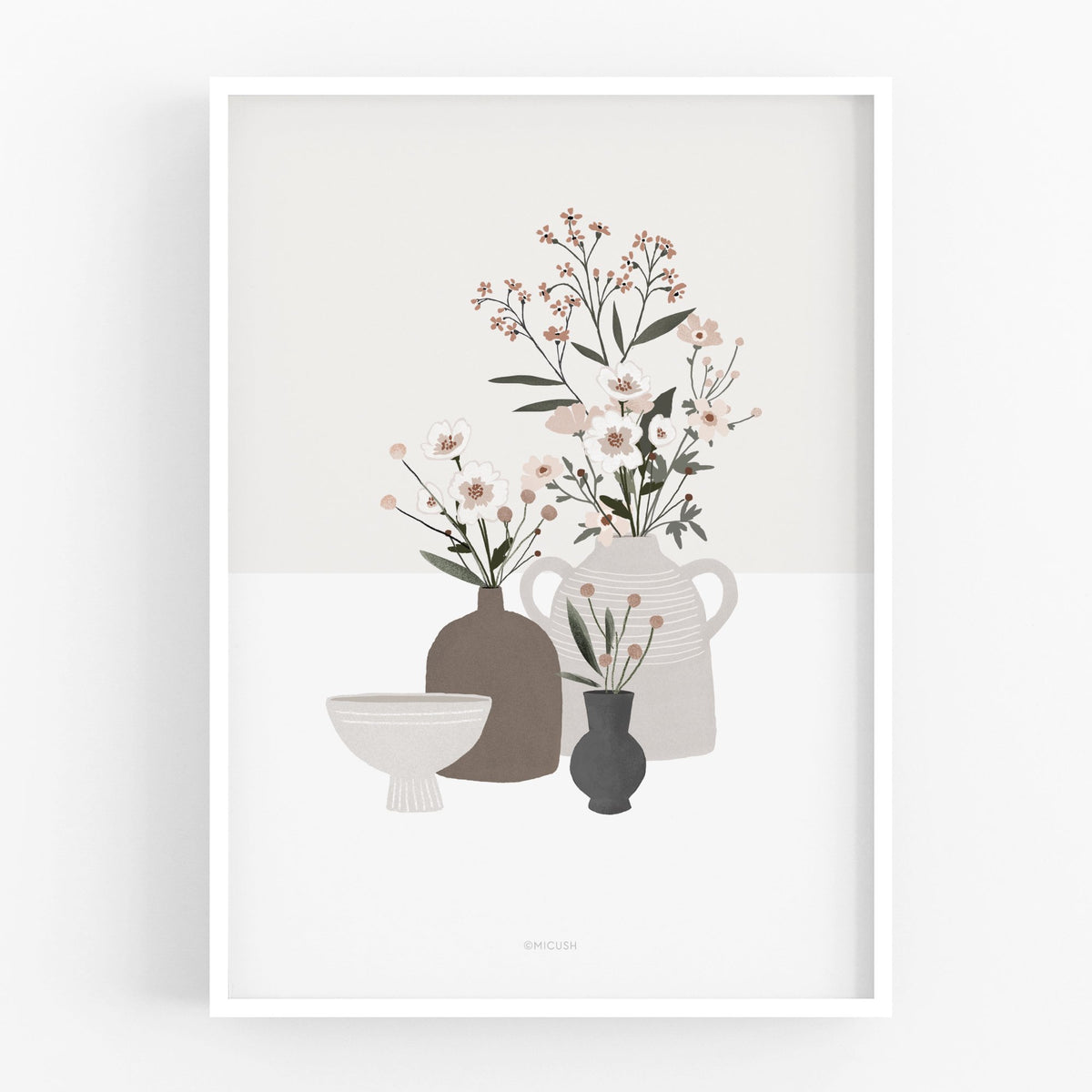 הדפס - Pottery and Flowers - Light Grey Background