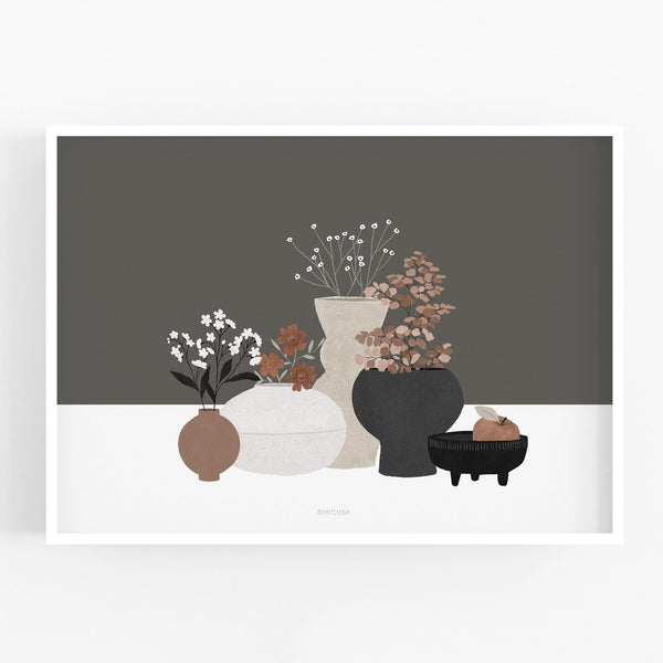 הדפס - Pottery And Flowers - Dark Brown Background