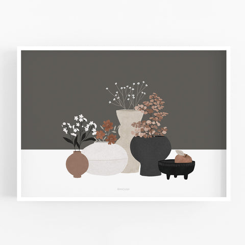 הדפס - Pottery And Flowers - Dark Brown Background