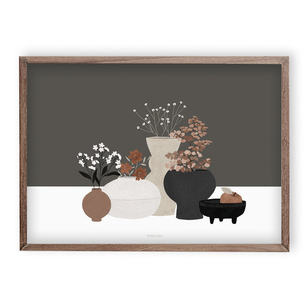 הדפס - Pottery And Flowers - Dark Brown Background