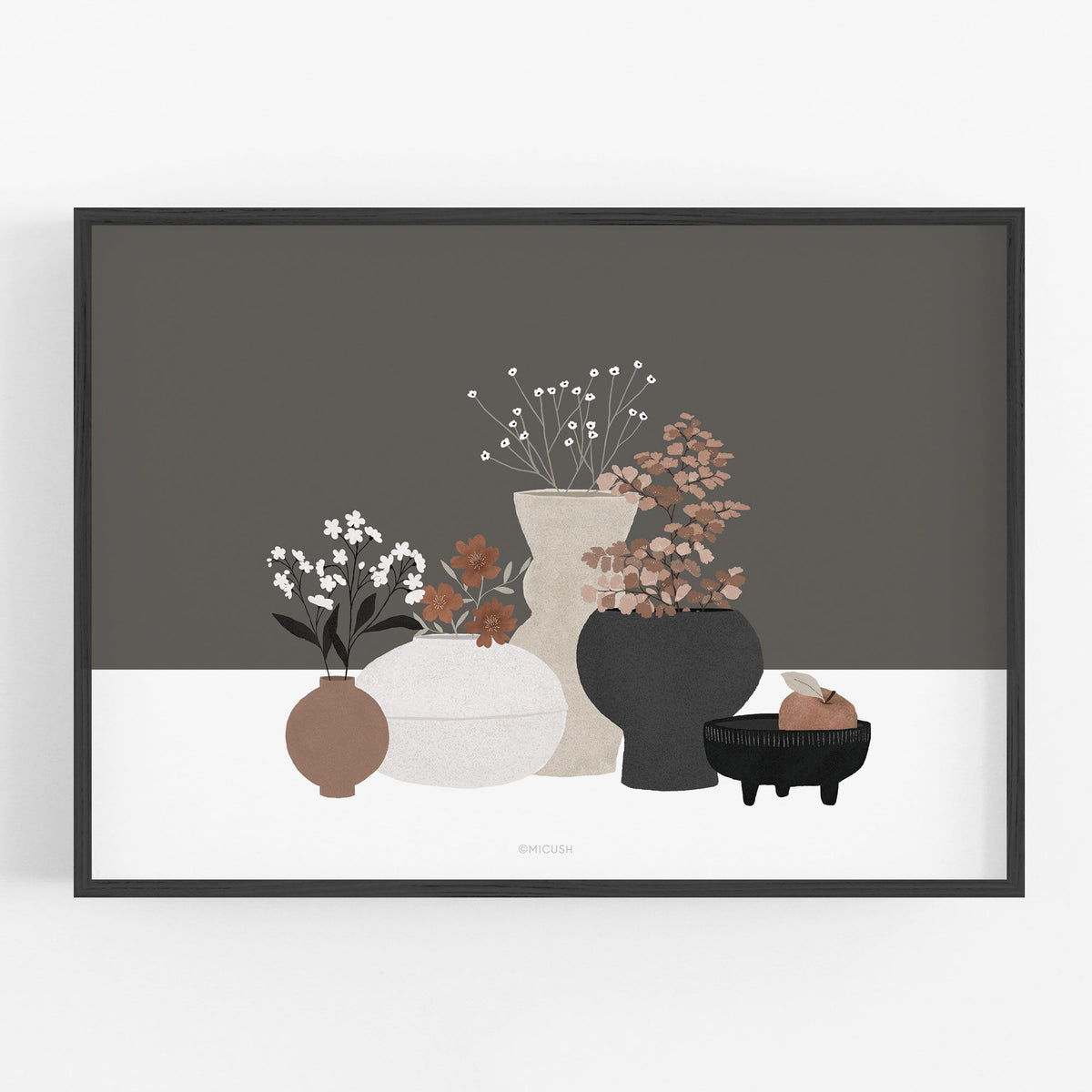 הדפס - Pottery And Flowers - Dark Brown Background