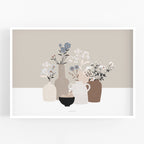 הדפס - Pottery And Flowers - Light Brown Background