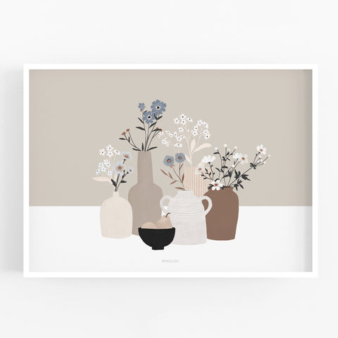 הדפס - Pottery And Flowers - Light Brown Background