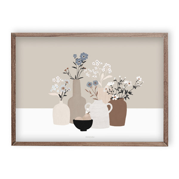 הדפס - Pottery And Flowers - Light Brown Background