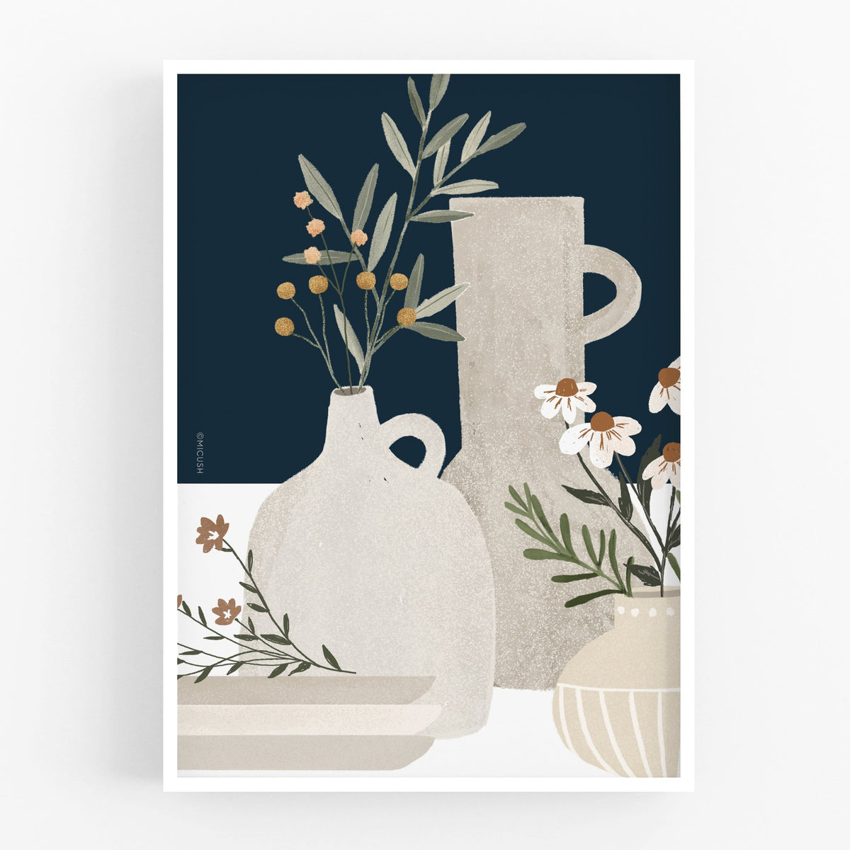 הדפס - Pottery and Flowers - Dark Blue (Close up)