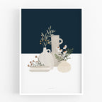 הדפס - Pottery and Flowers - Dark Blue