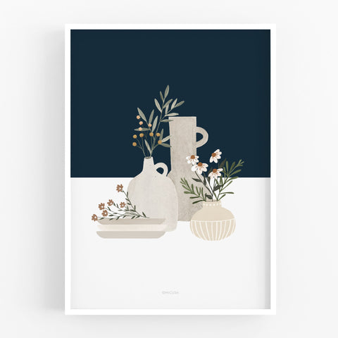 הדפס - Pottery and Flowers - Dark Blue