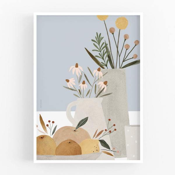 הדפס - Pottery and Flowers - Light Blue (Close up)