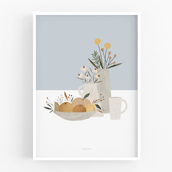 הדפס - Pottery and Flowers - Light Blue