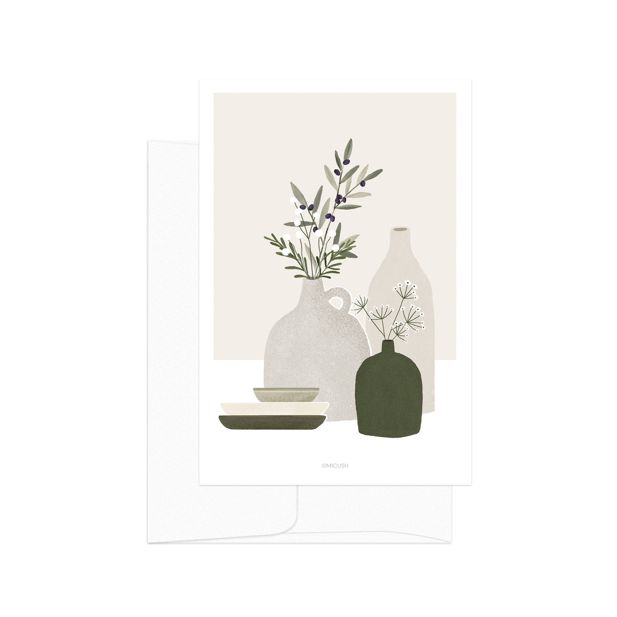 גלויה - Pottery and Flowers - Olive branch