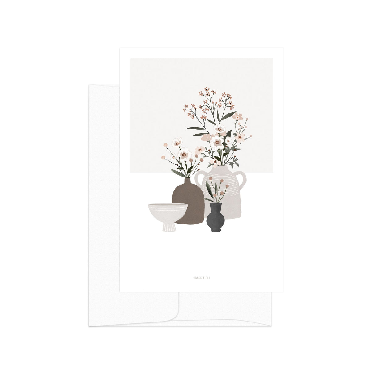 גלויה - Pottery and Flowers - Beige