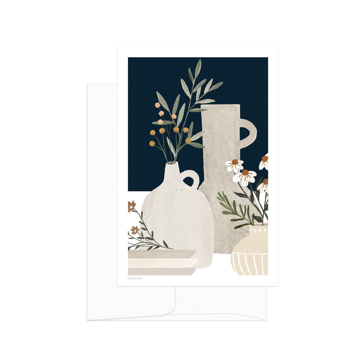 גלויה - Pottery and Flowers - Dark Blue (Close up)