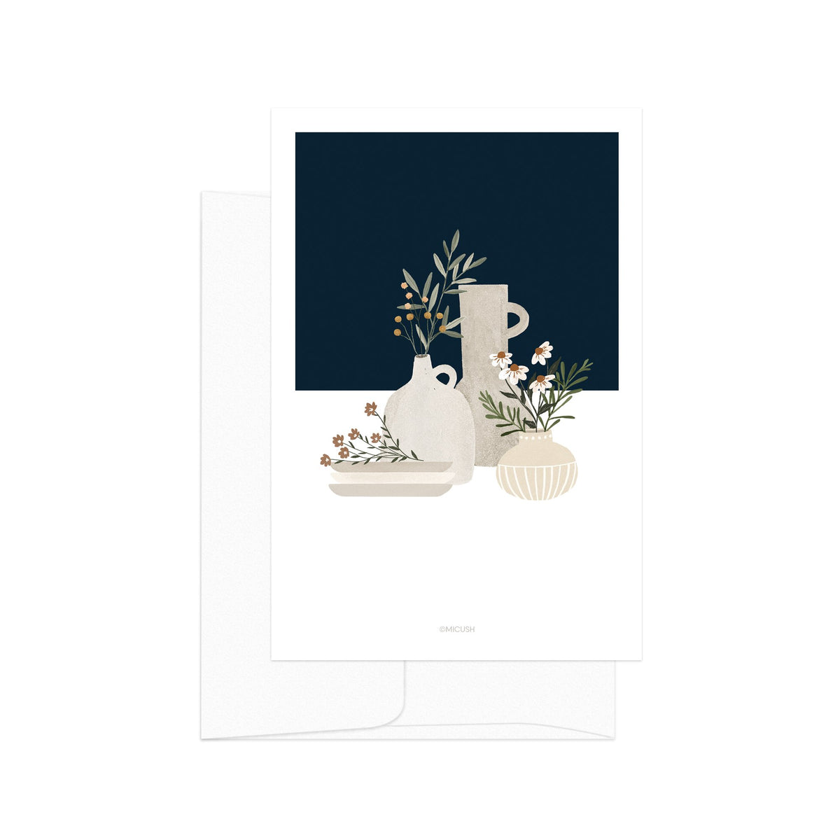 גלויה - Pottery and Flowers - Dark Blue