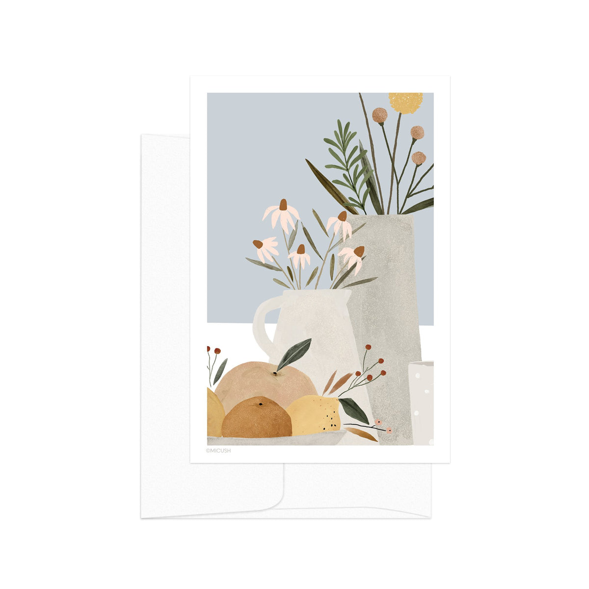 גלויה - Pottery and Flowers - Light Blue (Close up)