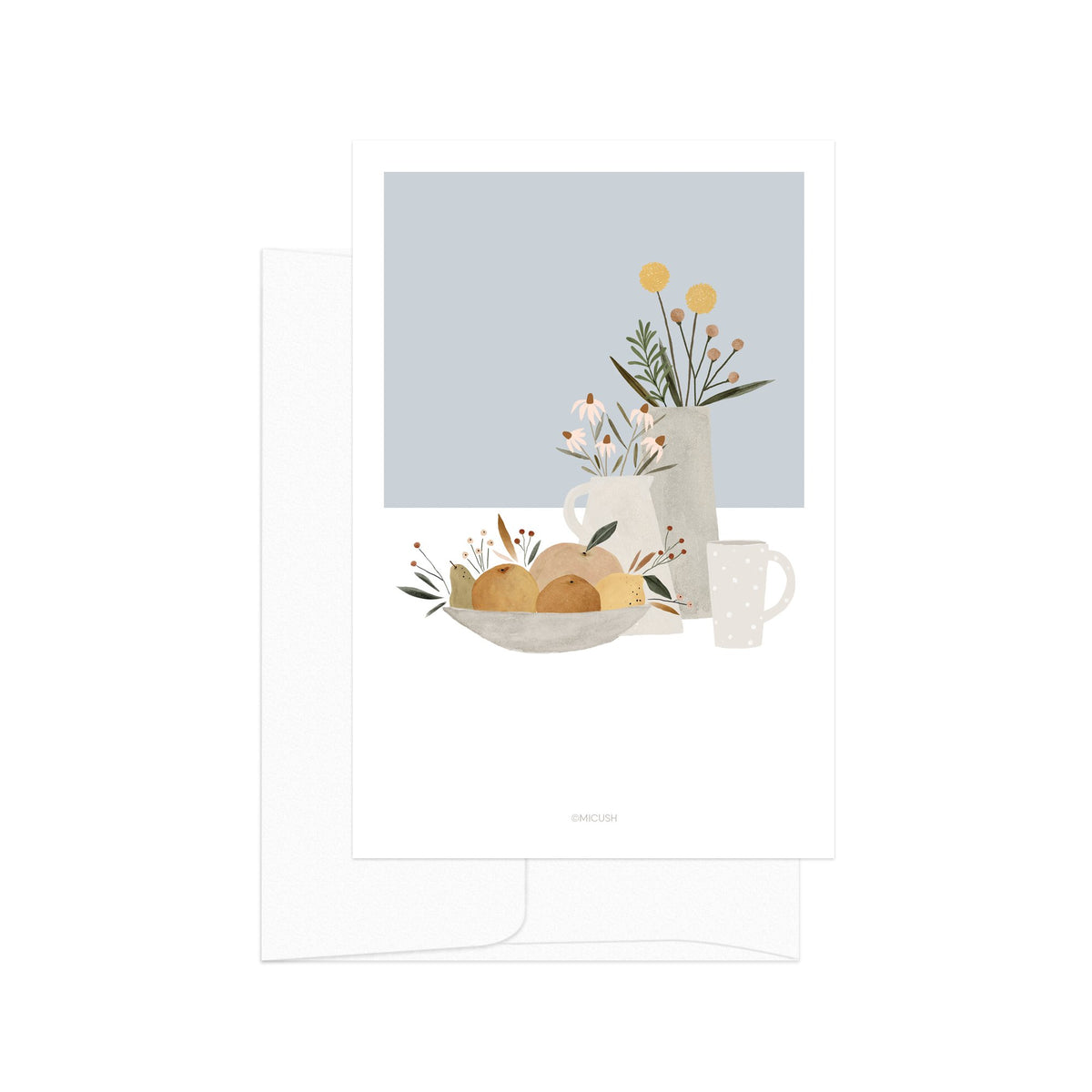 גלויה - Pottery and Flowers - Light Blue