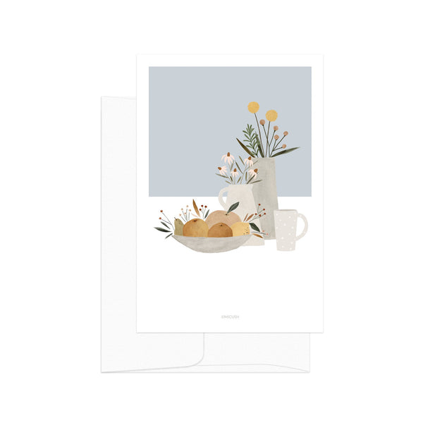 גלויה - Pottery and Flowers - Light Blue