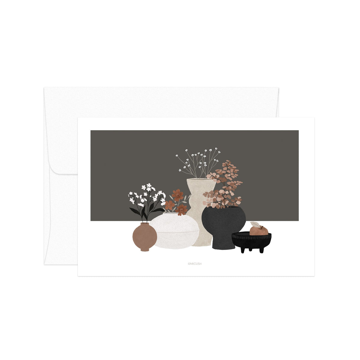 גלויה - Pottery and Flowers - Brown