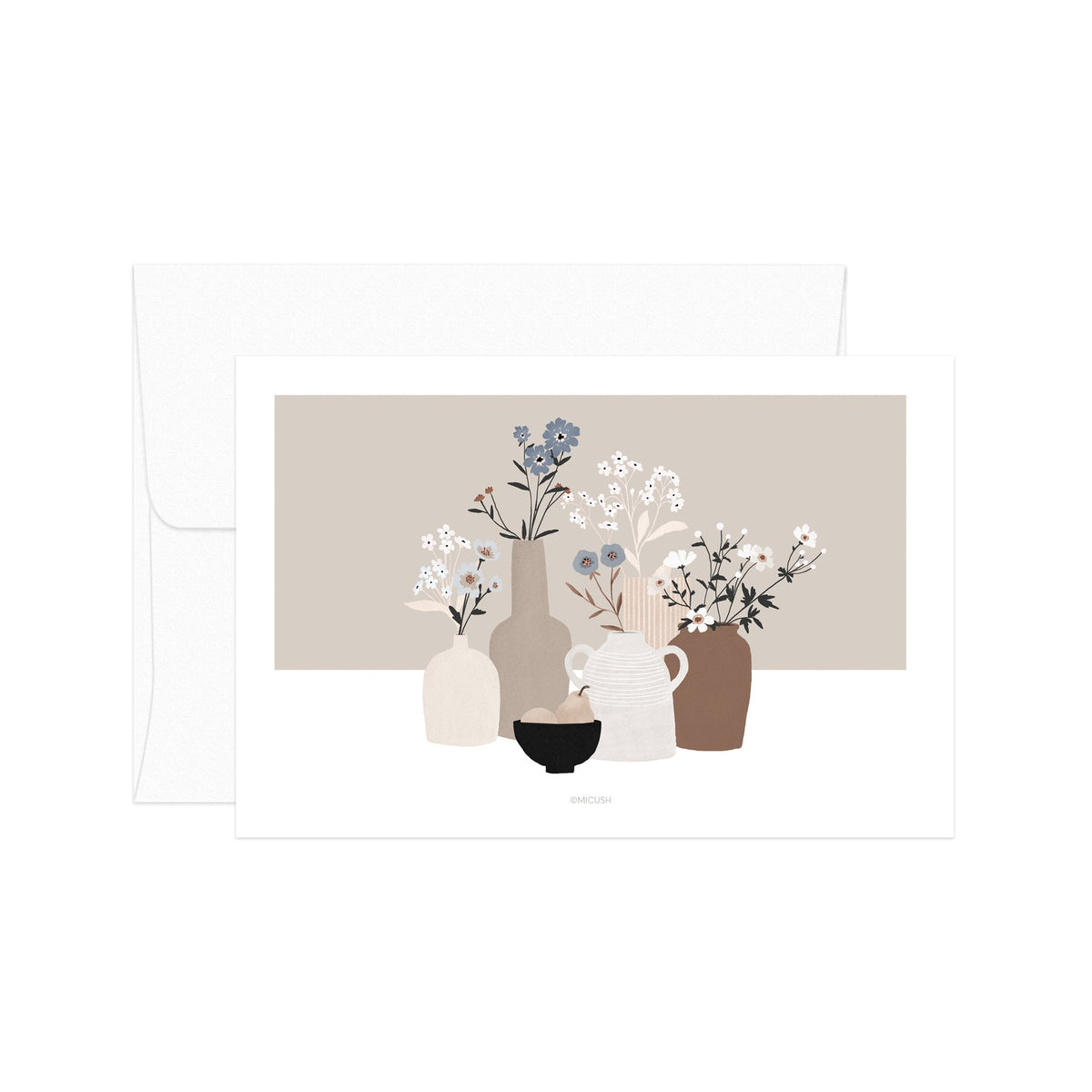 גלויה - Pottery and Flowers - Light Brown