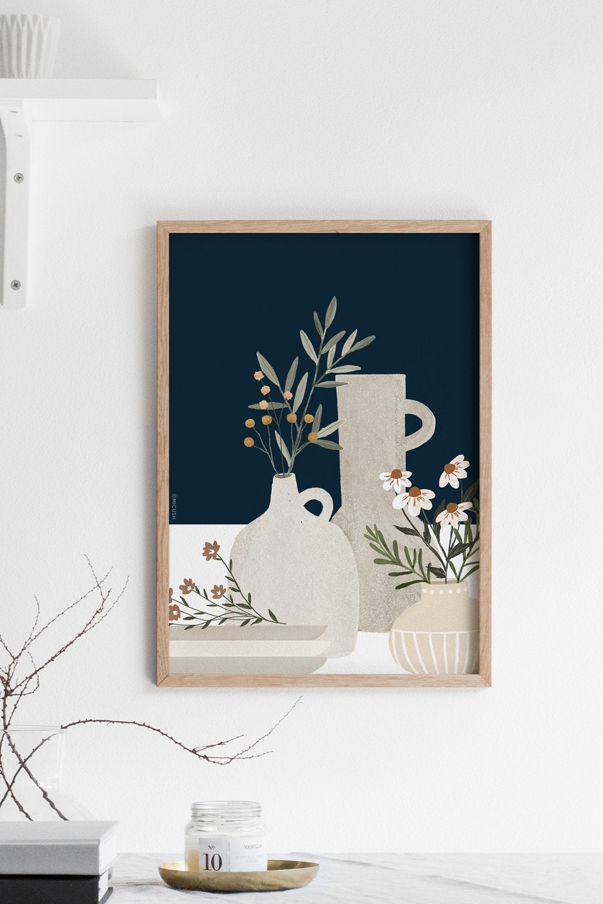 הדפס - Pottery and Flowers - Dark Blue (Close up)