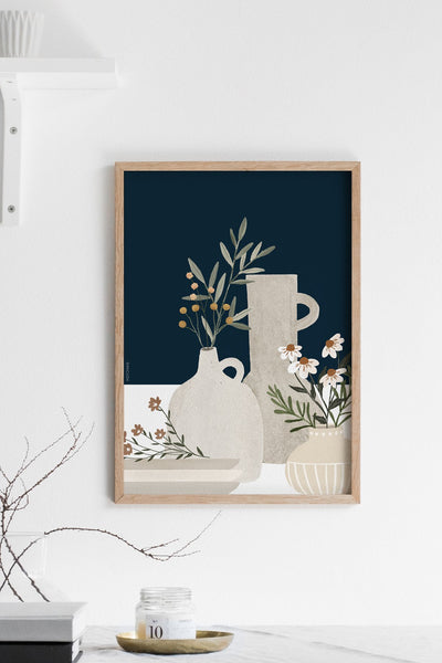 הדפס - Pottery and Flowers - Dark Blue (Close up)