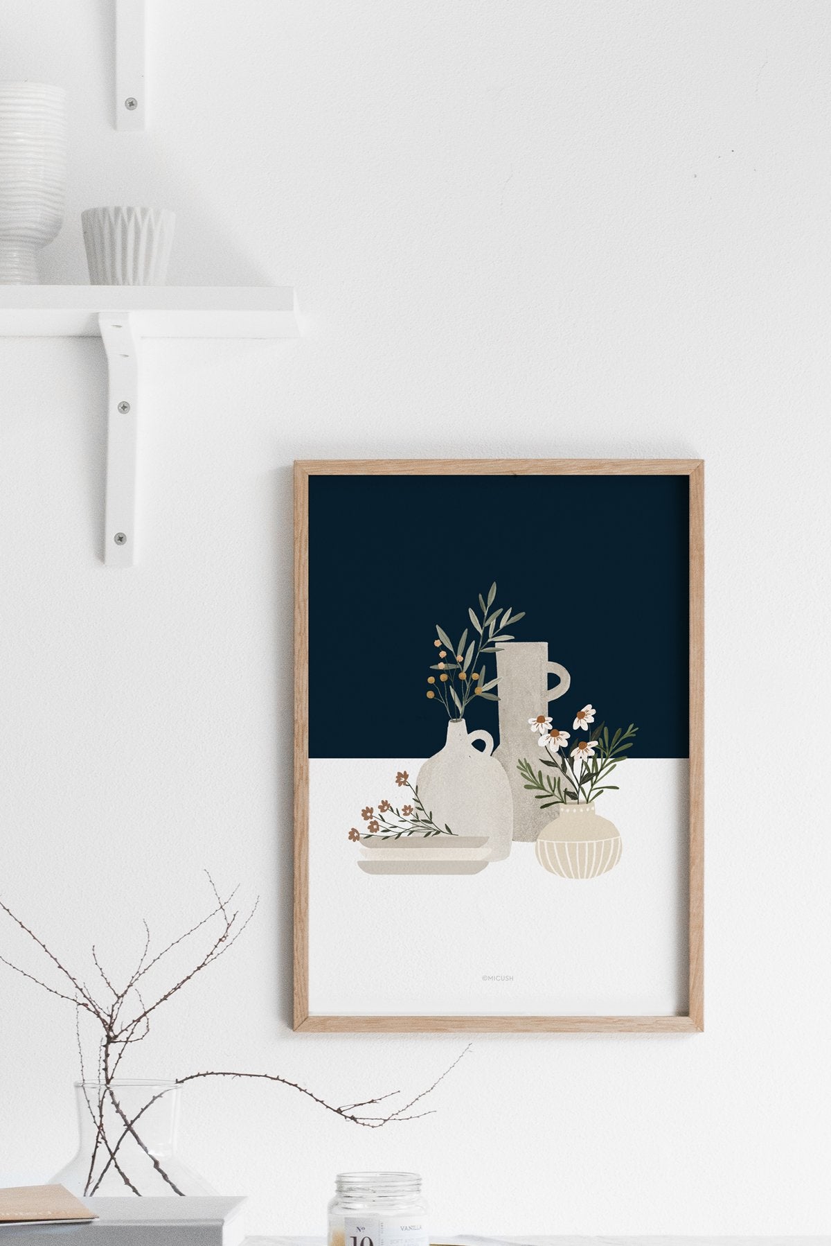 הדפס - Pottery and Flowers - Dark Blue