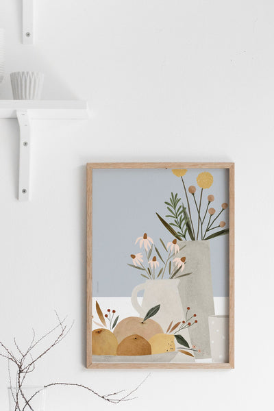 הדפס - Pottery and Flowers - Light Blue (Close up)