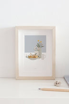 גלויה - Pottery and Flowers - Light Blue