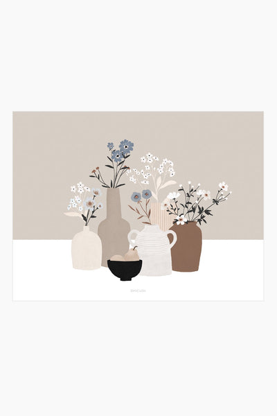 הדפס - Pottery And Flowers - Light Brown Background