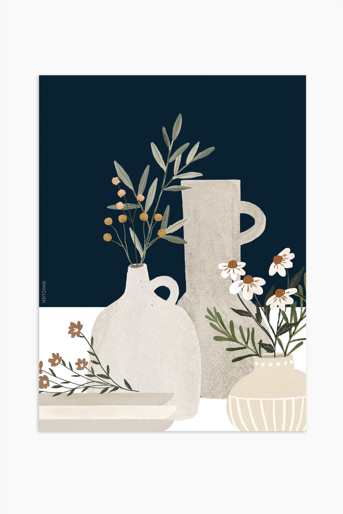הדפס - Pottery and Flowers - Dark Blue (Close up)