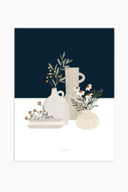 הדפס - Pottery and Flowers - Dark Blue
