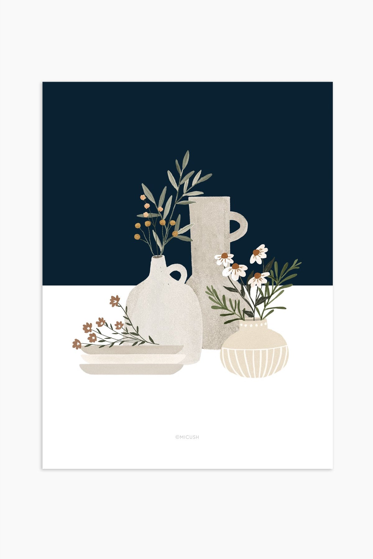 הדפס - Pottery and Flowers - Dark Blue