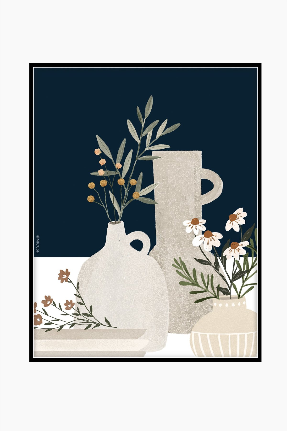 הדפס - Pottery and Flowers - Dark Blue (Close up)