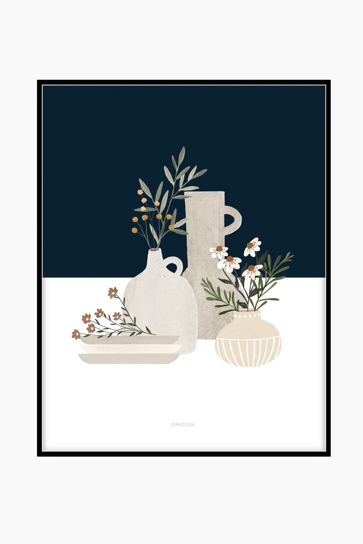 הדפס - Pottery and Flowers - Dark Blue