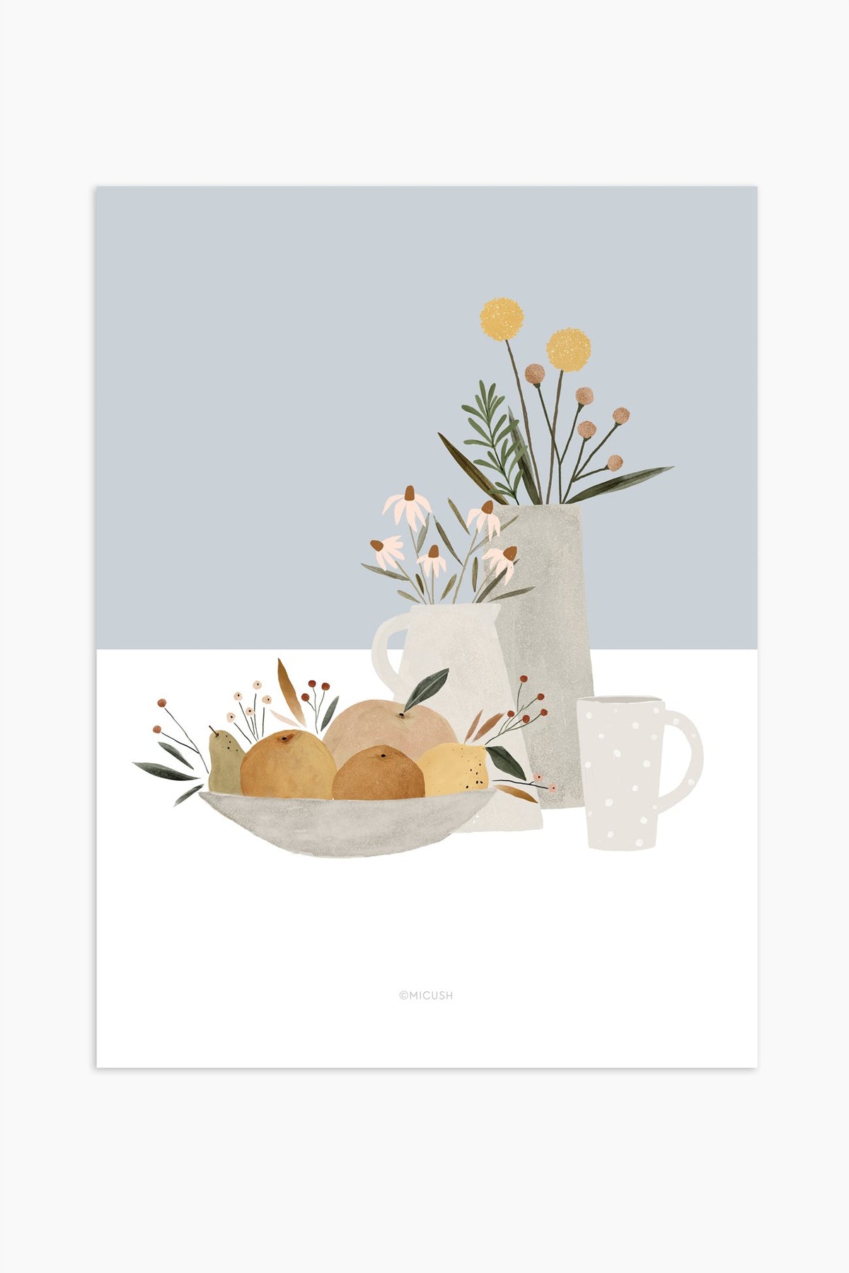 הדפס - Pottery and Flowers - Light Blue