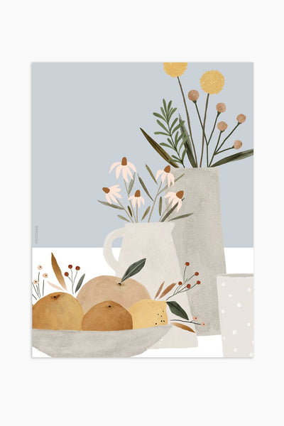 הדפס - Pottery and Flowers - Light Blue (Close up)