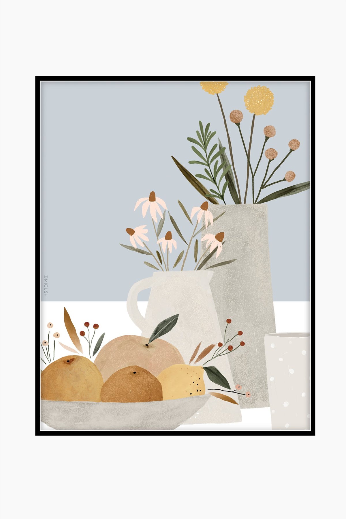 הדפס - Pottery and Flowers - Light Blue (Close up)
