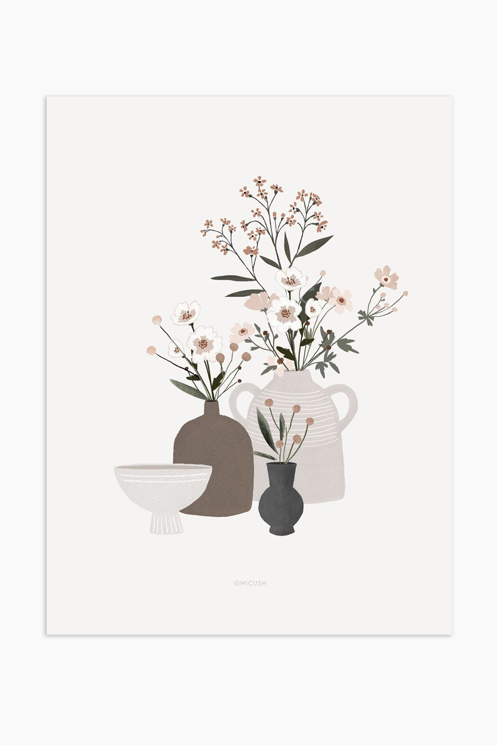הדפס - Pottery and Flowers - Light Grey Background