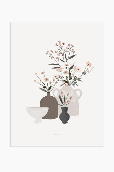 הדפס - Pottery and Flowers - Light Grey Background
