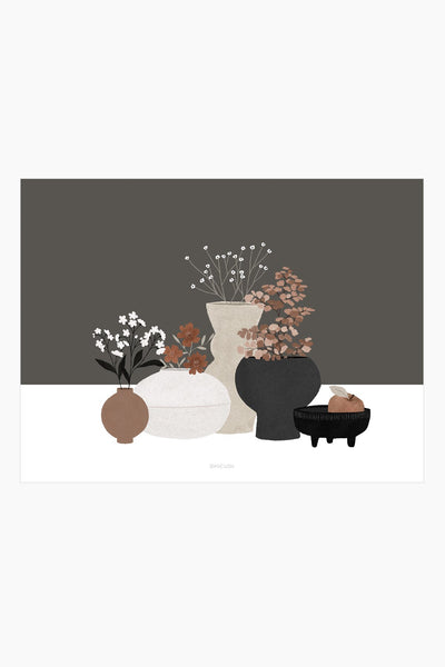 הדפס - Pottery And Flowers - Dark Brown Background